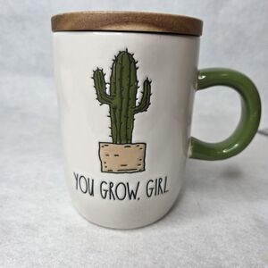 Rae Dunn Cactus Mug With Wooden Lid Coaster "You Grow Girl" Artisan Collection
